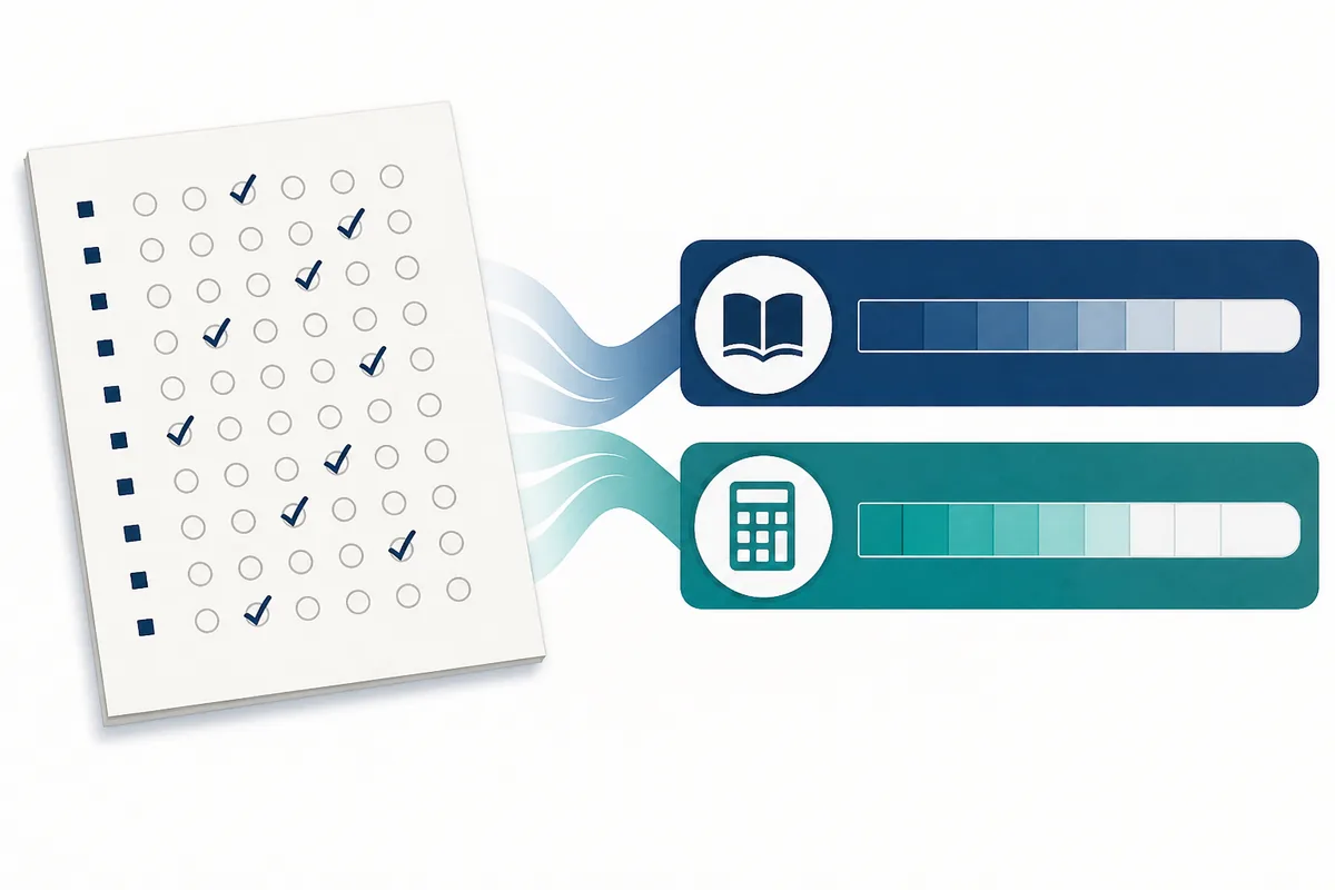 SAT practice answer sheet connected to separate Math and Reading and Writing score ranges